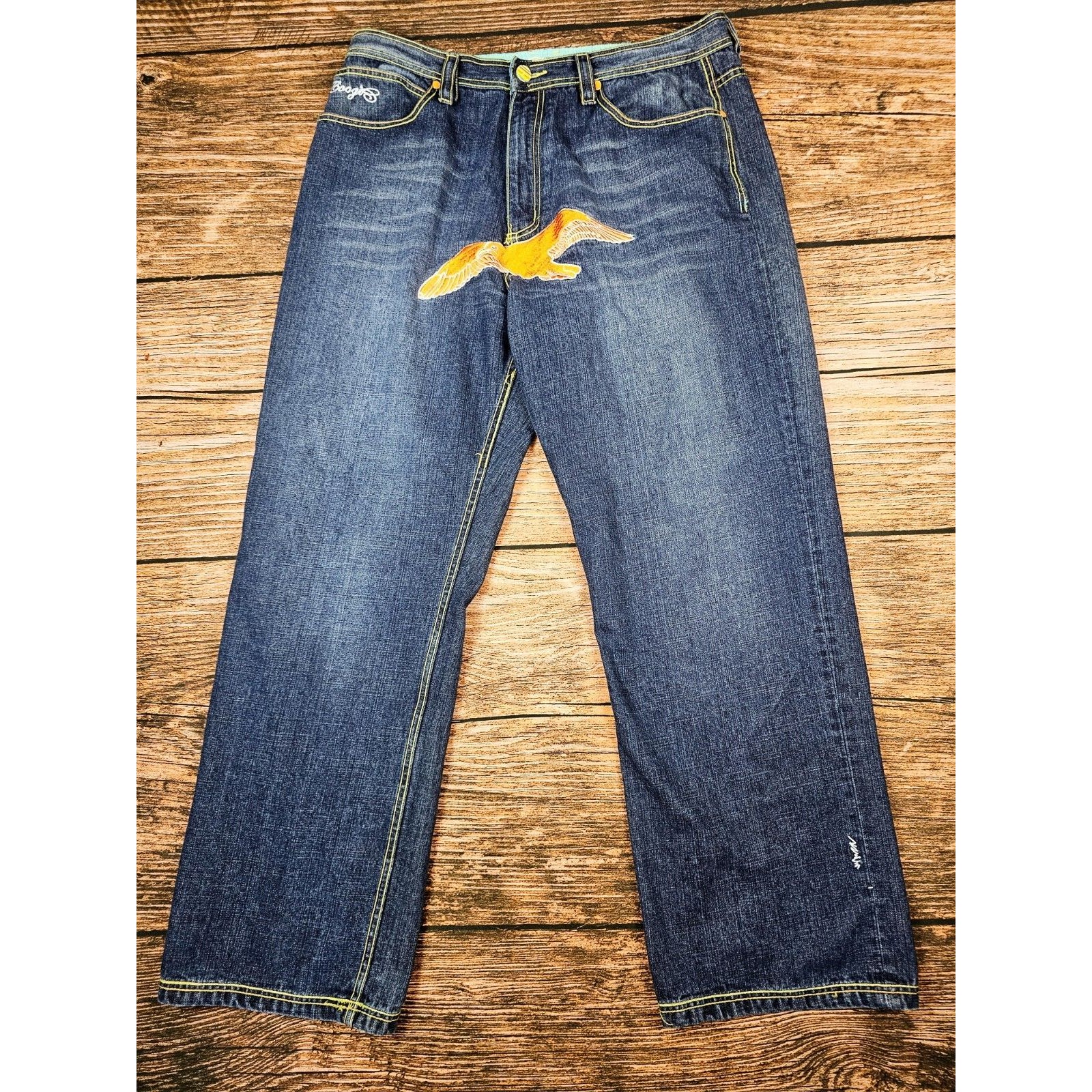 Vtg Y2k Coogi Eagle Front Sun Back Embroidered Colorful Blue Jeans Men 40x34 Euc